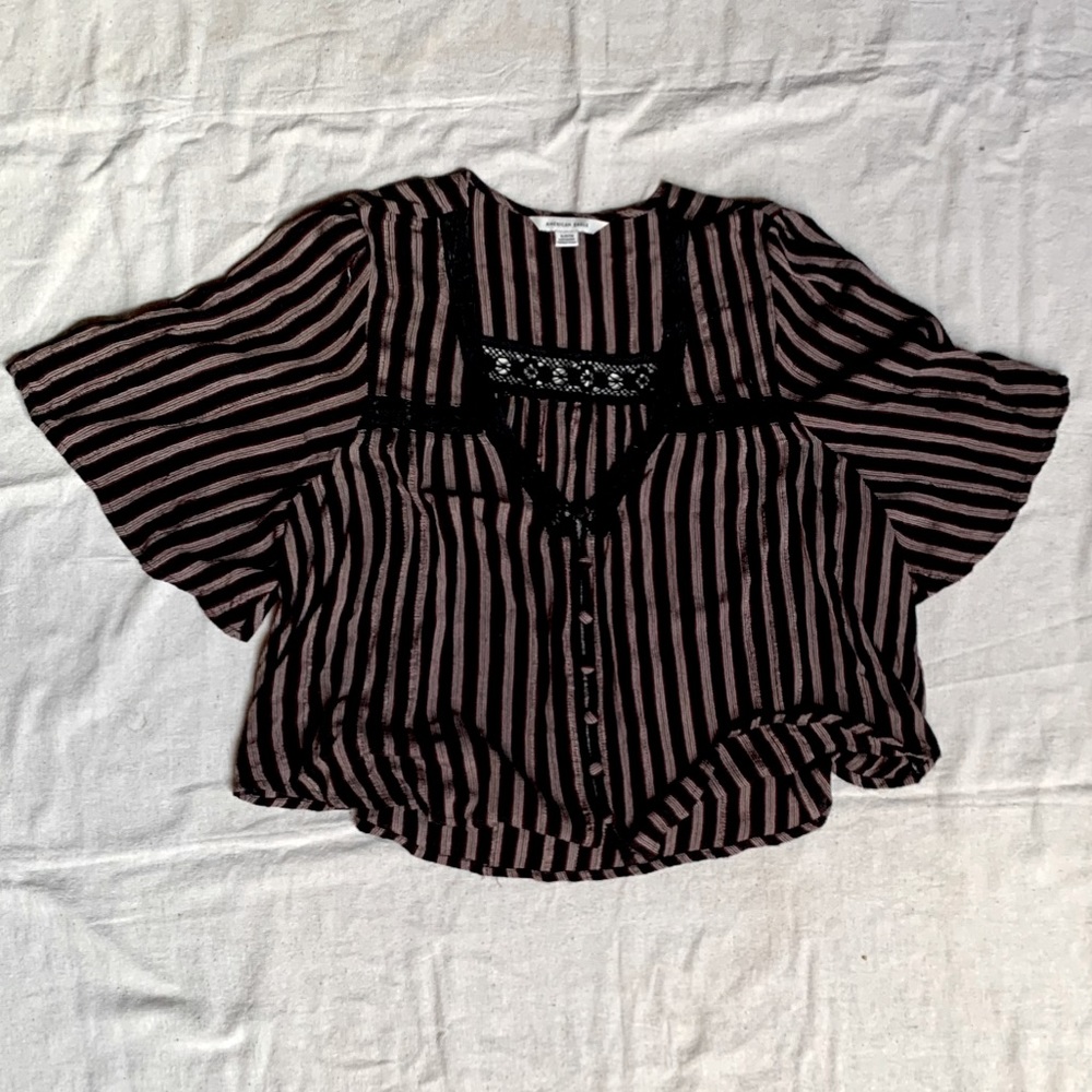 Black Blouse with Stripes & Crocheted Detail